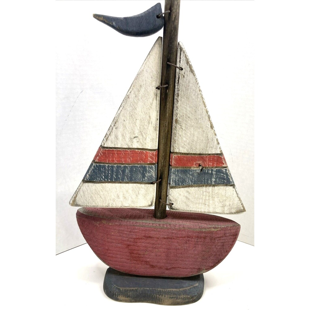 Vintage Handmade Large Wooden Sailing Boat 15" Nautical Decor